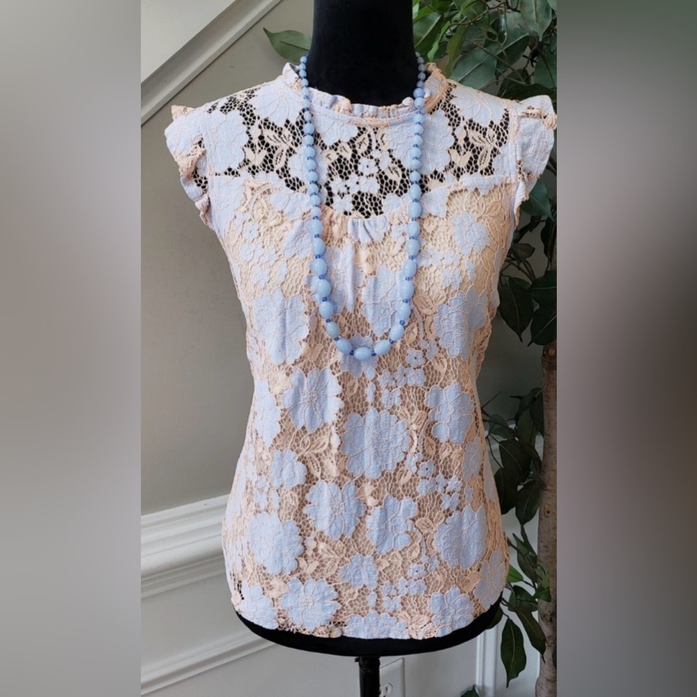 Monteau Peach and Light Blue Lace Sleeveless Top